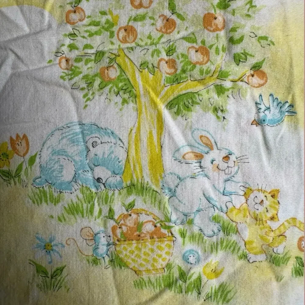 Vtg Dundee Crib Sheet Yellow Bear Bunny Cats Tree Farm 80s Baby Retro Kitschy